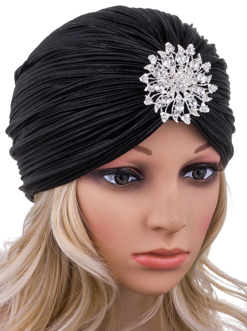 Vijiv Women's Vintage Lurex Knit Turban Beanie Hats Headwraps for 1920s Cocktail Party Black - Image 4